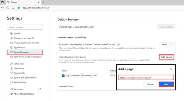 Browser Add Page Setting
